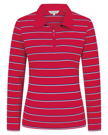 Kendall Striped Long Sleeved Cotton Zip Neck Polo Top - Red