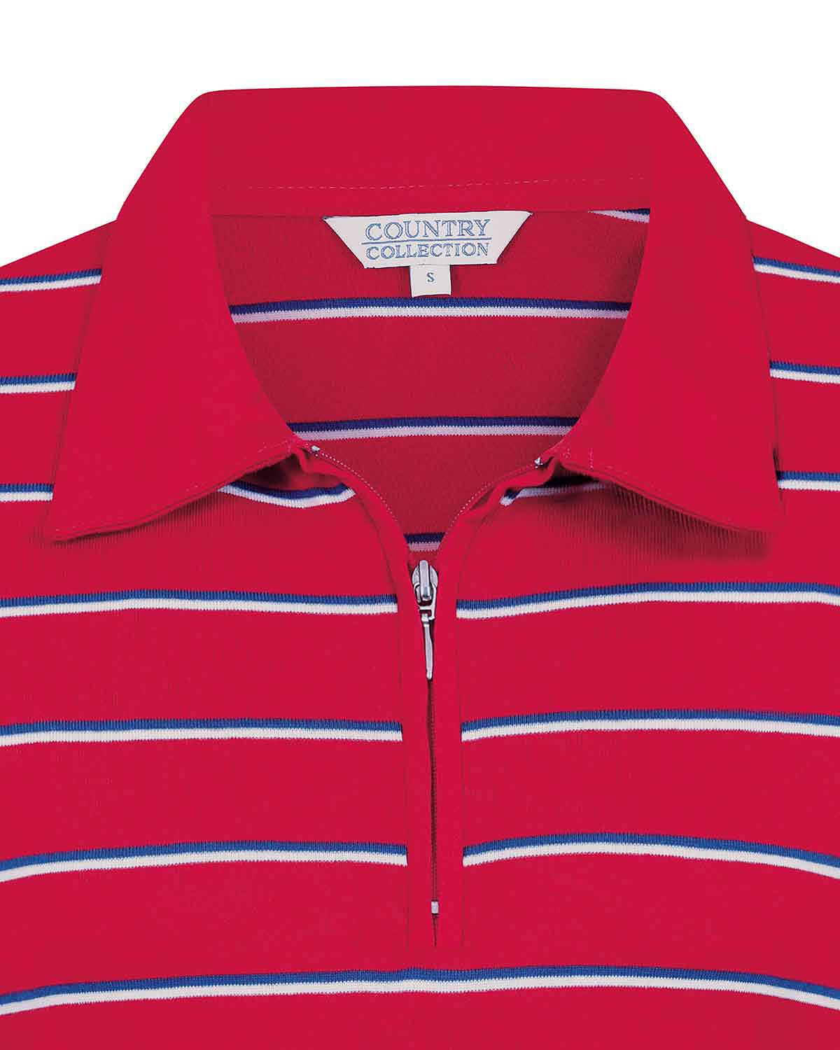 Kendall Striped Long Sleeved Cotton Zip Neck Polo Top - Red