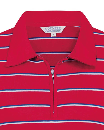 Kendall Striped Long Sleeved Cotton Zip Neck Polo Top - Red