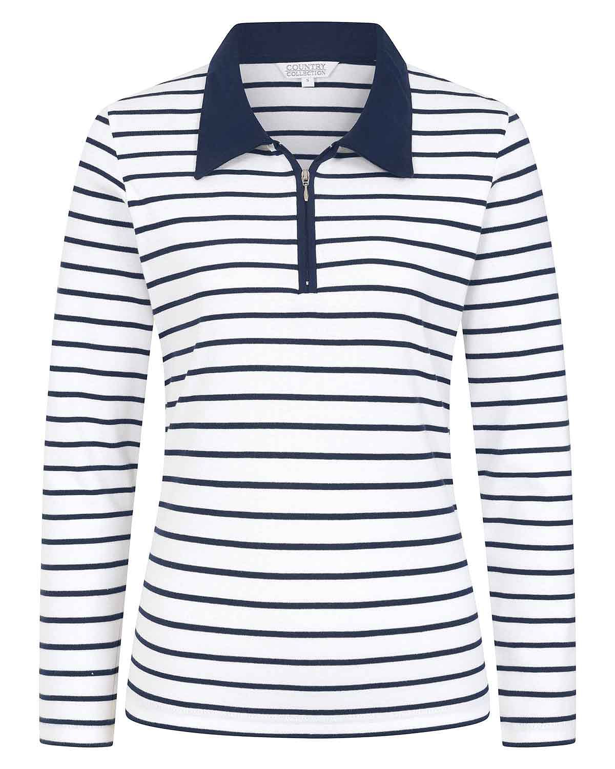 Kendall Striped Long Sleeved Cotton Zip Neck Polo Top - White