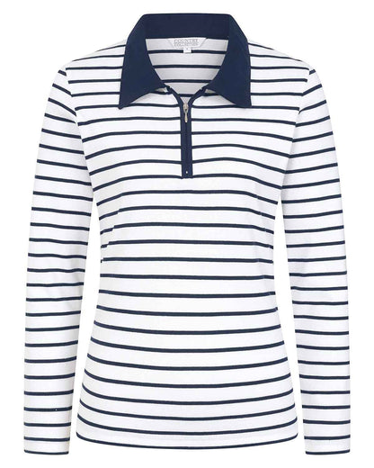 Kendall Striped Long Sleeved Cotton Zip Neck Polo Top - White