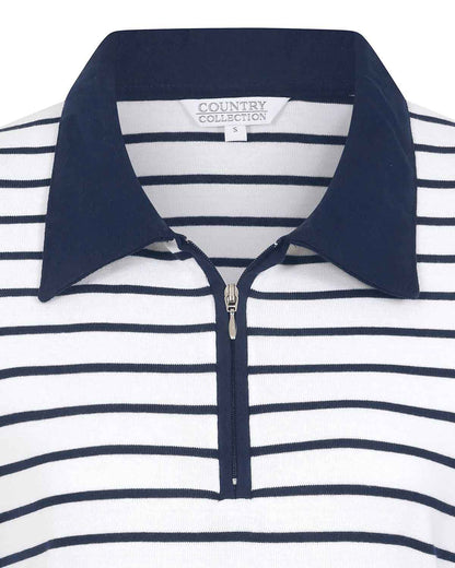 Kendall Striped Long Sleeved Cotton Zip Neck Polo Top - White