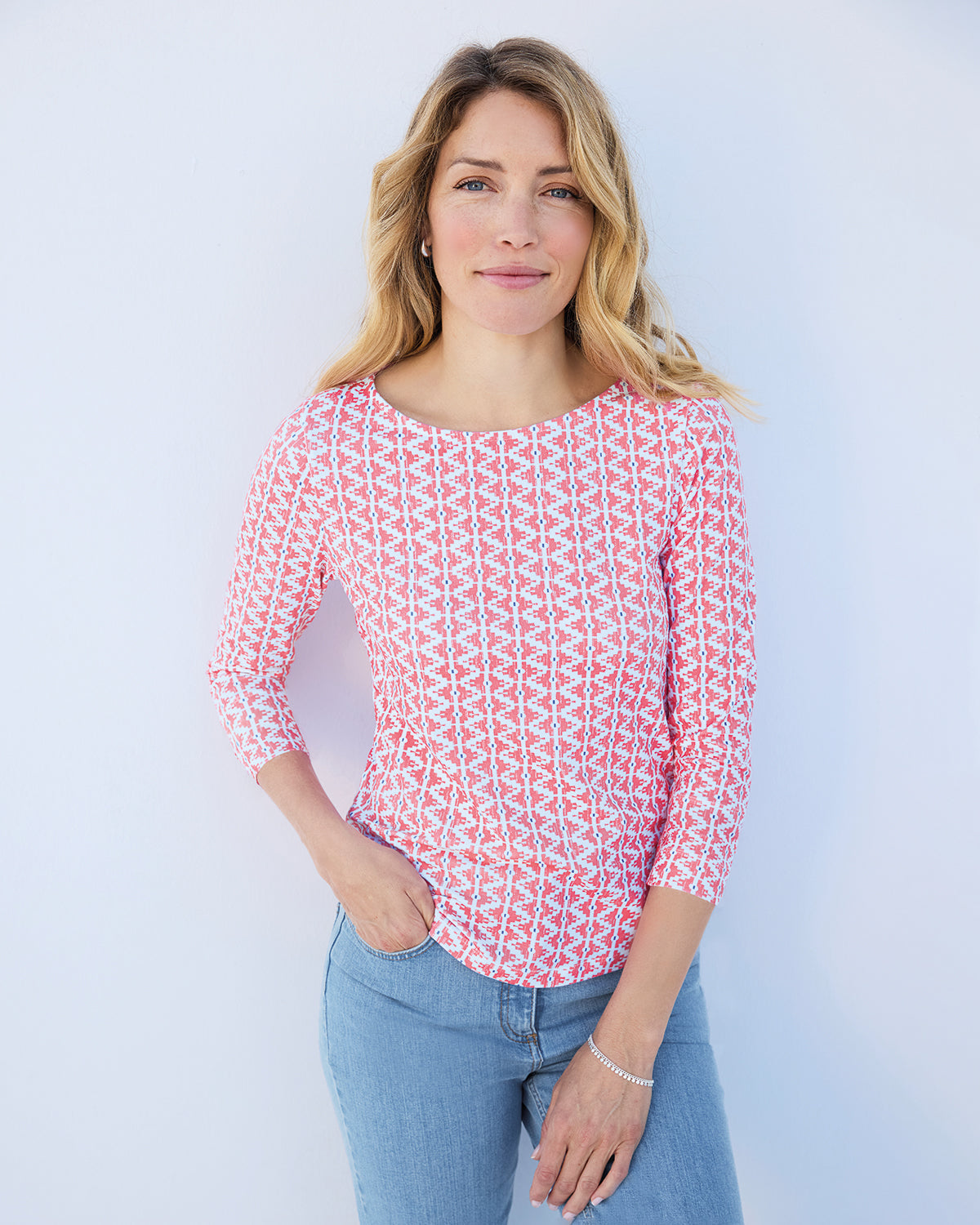 Suzy Cotton 3/4 Sleeved Top - Pink Print