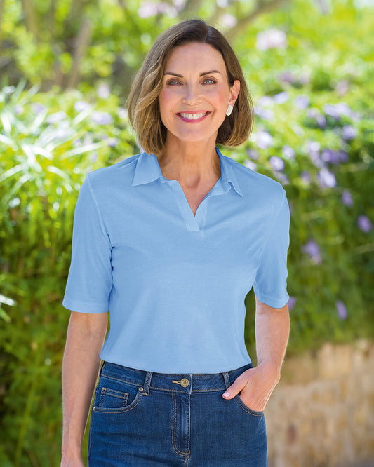 Silky Cotton Ladies Polo Top - Cornflower